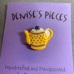 Tea Pot Pin Brooch Yellow Purple Dots Flower Green Plaster Handmade Hand Painted